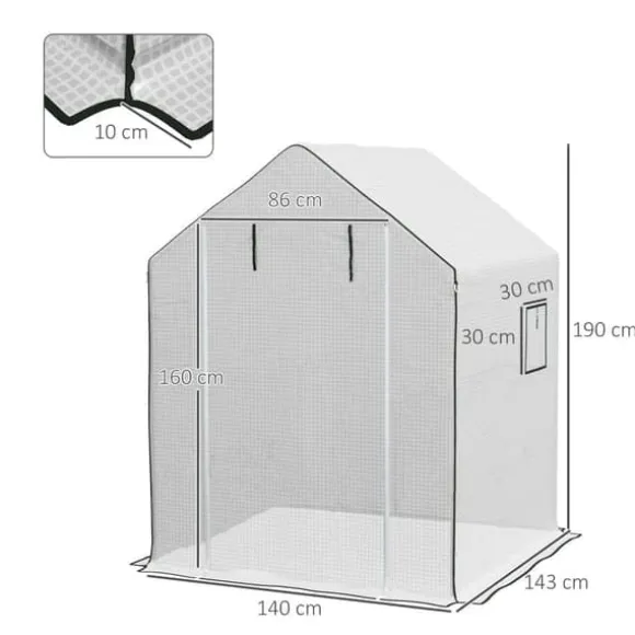 Erstatningsfolie PE 140x143x190 cm, UV-beskyttelse, rulleport & sidevinduer – til drivhus/tomathus, hvid