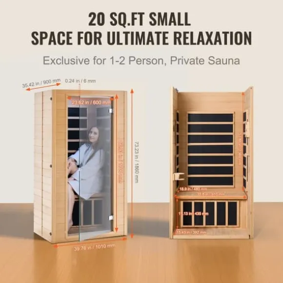 Far Infrared Træ Sauna 1-2 Personer, 1400W, Hjemmespa, Energibesparende, Hurtig Opvarmning