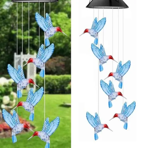 Farveskiftende Solar Fugle Vindklokke Lys til Havebalkon - Vandtæt LED Udendørs Vindklokke med Little Bluebird