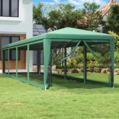 Festtelt med 10 sidevægge i trådnet - Vandafvisende HDPE | Størrelse: 3x12 m | Farve: Grøn