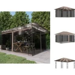 Festtelte & havepavilloner - Living pavillon med myggenet + LED-lyskæder 4x3x2,73 m gråbrun