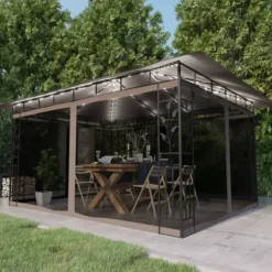 Festtelte & havepavilloner - Living pavillon med myggenet + LED-lyskæder 4x3x2,73 m gråbrun