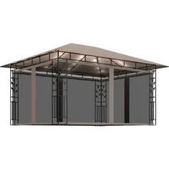 Festtelte & havepavilloner - Living pavillon med myggenet + LED-lyskæder 4x3x2,73 m gråbrun