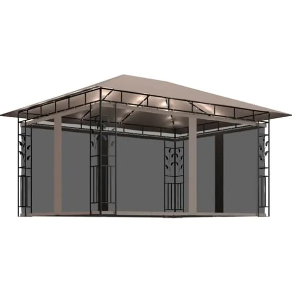 Festtelte & havepavilloner - Living pavillon med myggenet + LED-lyskæder 4x3x2,73 m gråbrun