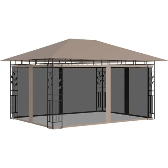 Festtelte & havepavilloner - Living pavillon med myggenet + LED-lyskæder 4x3x2,73 m gråbrun