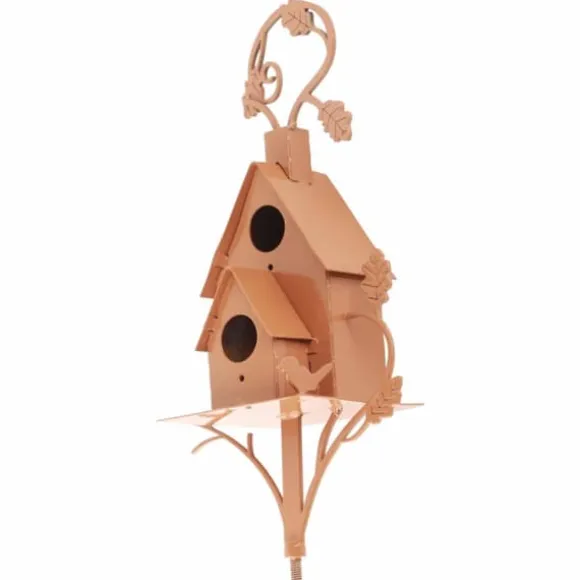 Fågelhus i metall med stolpe Metallkonst Stuga Fågelhusstakar Hummingbird House Nödställda fågelhus i metall Trädgårdsinredning