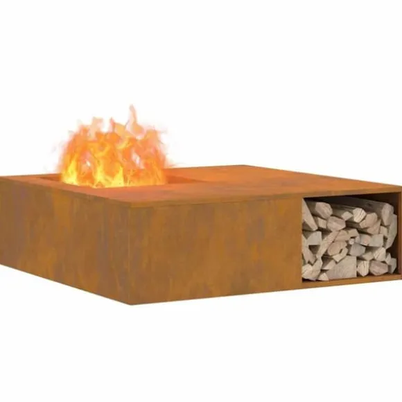 Firkantet bålsted i forvitret stål - Udendørs varme og hygge | Størrelse: 100x100x30 cm