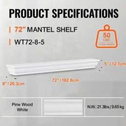 Flydende Pejs Mantelhylde 72”, Hvid Træhylde til Stuen, Moderne Design, Ideel til Dekoration og Opbevaring.