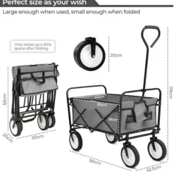 Foldbar havevogn - Transportvogn/trækvogn - Bæreevne 80 kg - Volumen 110 L - Gummihjul, stålramme - Foldemål 76x51x20 cm - Grå