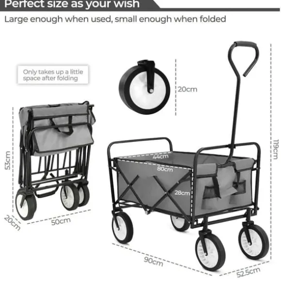 Foldbar havevogn - Transportvogn/trækvogn - Bæreevne 80 kg - Volumen 110 L - Gummihjul, stålramme - Foldemål 76x51x20 cm - Grå