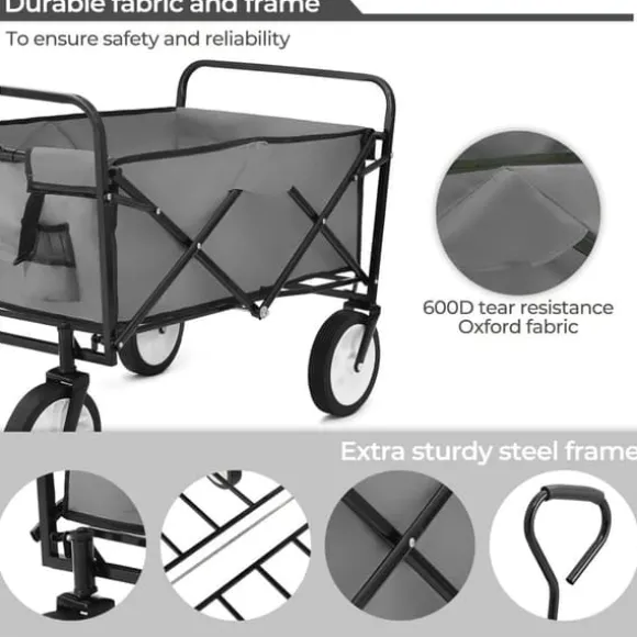 Foldbar havevogn - Transportvogn/trækvogn - Bæreevne 80 kg - Volumen 110 L - Gummihjul, stålramme - Foldemål 76x51x20 cm - Grå
