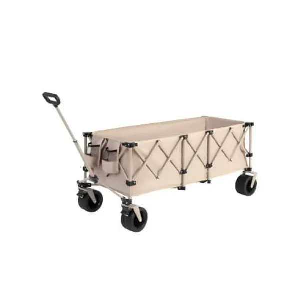 Foldbar havevogn med 100 kg kapacitet, robust 300L transportvogn med store terrængående hjul og drikkeholder - beige
