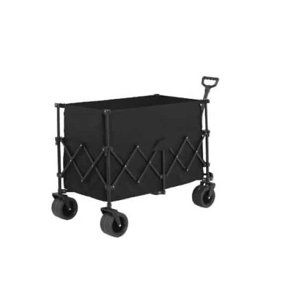 Foldbar strandvogn med store terrænhjul, tung havevogn 300 kg med drikkeholder, sort
