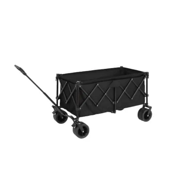 Foldbar strandvogn med store terrænhjul, tung havevogn 300 kg med drikkeholder, sort