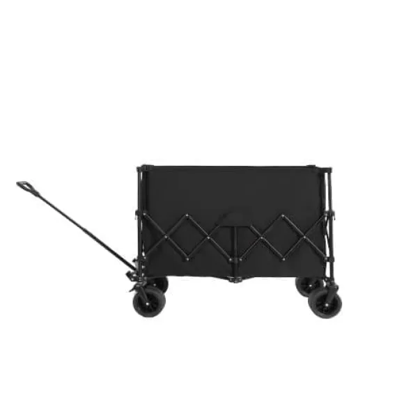 Foldbar strandvogn med store terrænhjul, tung havevogn 300 kg med drikkeholder, sort