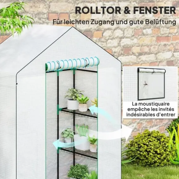 Foliedrivhus 143x74x190 cm med rulleport, vinduer & hylder, hvid