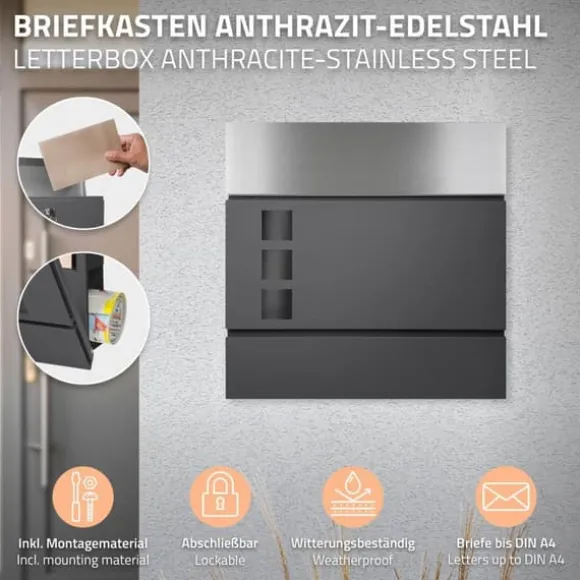Fritstående brevkasse med avisrum 37 cm antracit inkl. stativ 120 cm højt Fritstående brevkasse sølv
