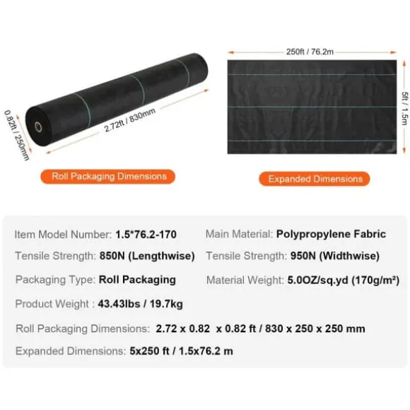 5FTx250FT Premium Ukrudtsbarriere, 5OZ Geotekstil til indkørsler, høj permeabilitet, effektiv ukrudtsbekæmpelse.