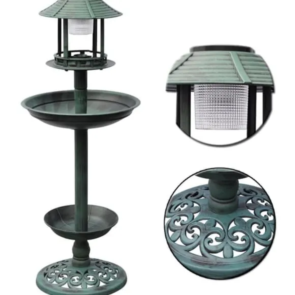 Fuglebad med solcellelampe - Dekorativt foderbræt | Farve: Grå | Størrelse: 50x50x100 cm