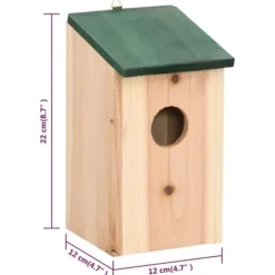 Fuglehuse i træ - 8 stk. | Størrelse: 12x12x22 cm | Farve: Træfarvet med grønt tag