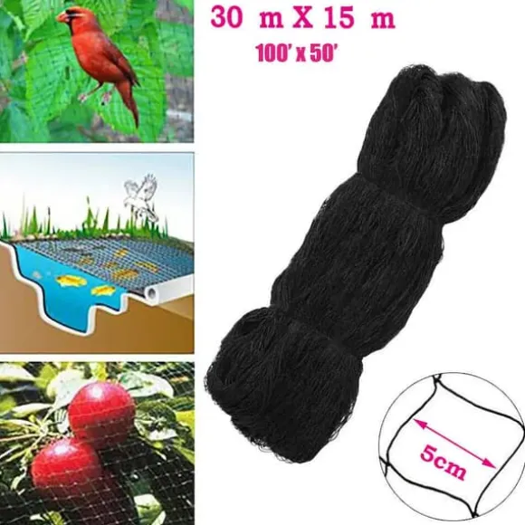 Fuglenet - Beskyttelsesnet - 30×15 m - Maskestørrelse 5 cm - Polyester - Til frugttræer, have og frugtplantage - Sort