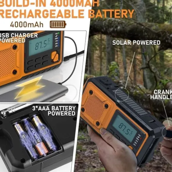 Fuleadture håndsvingradio 4000mAh, AM/FM/SW vejrradio, solcelle krumtapradio, SOS og lommelygte til nødsituationer