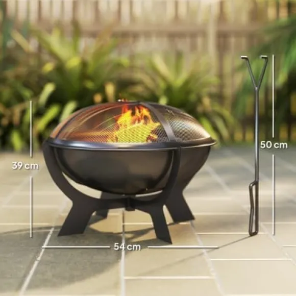 Fuleadture Ildskål Ø54cm Metal Ildskål med Gnistbeskyttelse, Schürhake og håndtag til udendørs, BBQ, Sort
