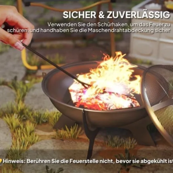 Fuleadture Ildskål Ø54cm Metal Ildskål med Gnistbeskyttelse, Schürhake og håndtag til udendørs, BBQ, Sort