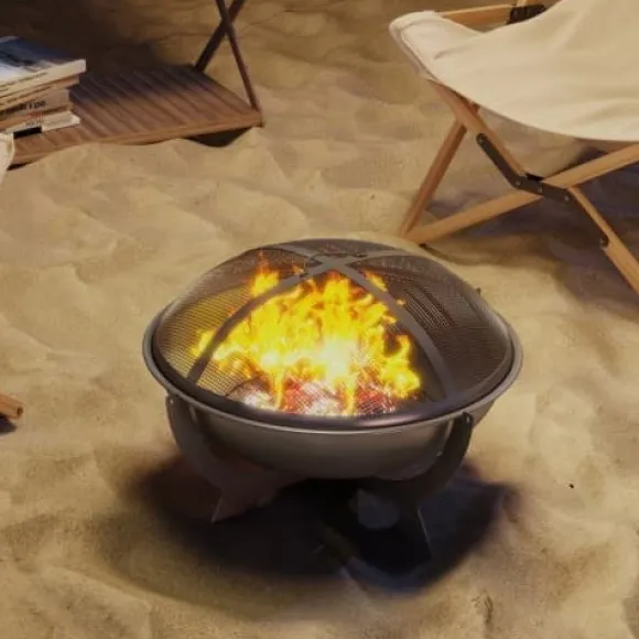 Fuleadture Ildskål Ø54cm Metal Ildskål med Gnistbeskyttelse, Schürhake og håndtag til udendørs, BBQ, Sort