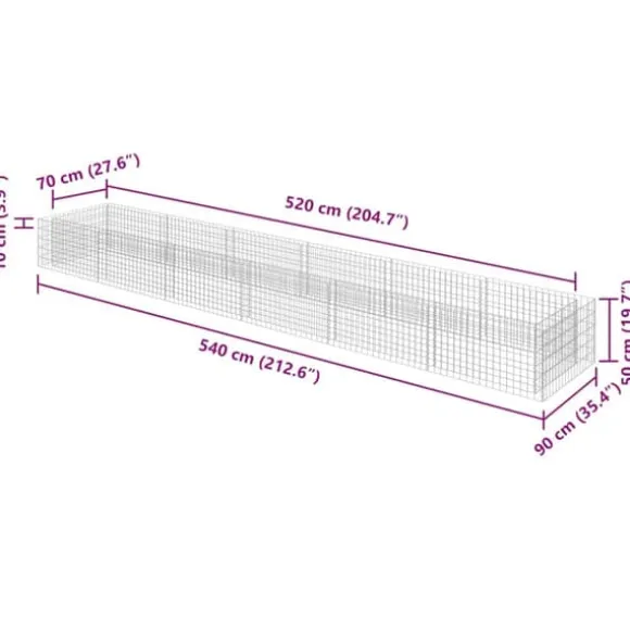 Gabion-højbed i galvaniseret stål | Størrelse: 540x90x50 cm | Robust og holdbar haveindretning