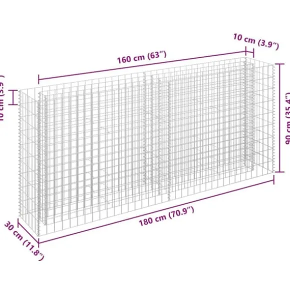Gabion-højbed i galvaniseret stål - Holdbar plantekasse | Størrelse: 180x30x90 cm | Farve: Sølv