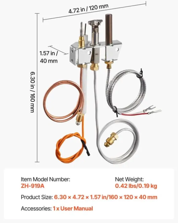 Gaspilotenhed / Gaspilot til pejs og varmeapparat - Udskiftningssæt - Til Naturgas - Pilotrør - Termoelement - Termosøjle - 4021-732 / 25660