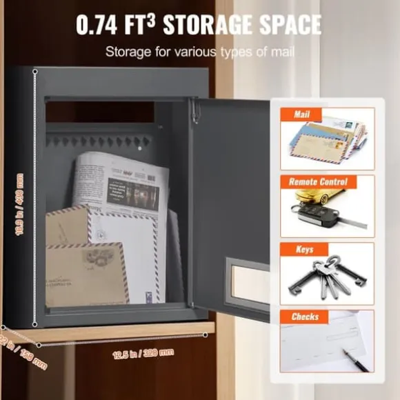 Gennem væggen drop boks 12,5x6,3x16,9" postkasse med kodelås, mørkegrå, sikker postlevering