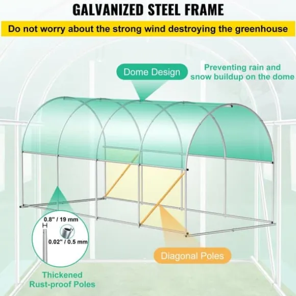 Gå-igennem tunnel drivhus, 15 x 7 x 7 ft. Bærbar med galvaniserede stålrammer, lynlåse og vinduer – perfekt til dine planter!