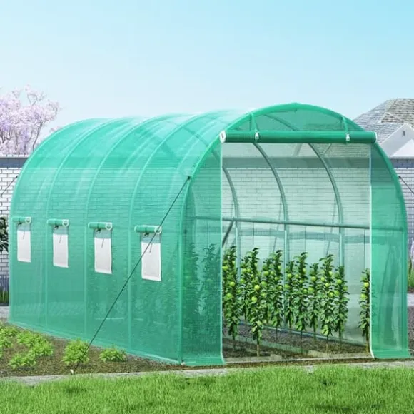 Gå-igennem tunnel drivhus, 15 x 7 x 7 ft. Bærbar med galvaniserede stålrammer, lynlåse og vinduer – perfekt til dine planter!