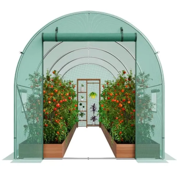 Gå-inde Tunnel Drivhus 14,6x6,36x6,3ft Galvaniseret Ramme, PE Cover, Grøn, Holdbar og Vejrbestandig