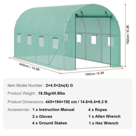 Gå-inde Tunnel Drivhus 14,6x6,36x6,3ft Galvaniseret Ramme, PE Cover, Grøn, Holdbar og Vejrbestandig