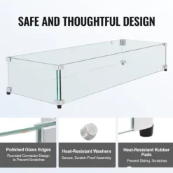 Glasvindafskærmning til bålbord 798 x 317 x 165 mm, robust hærdet glas, aluminiums hjørner, gummifødder, nem at samle.