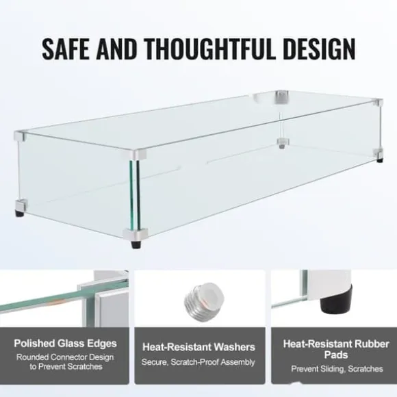 Glasvindafskærmning til bålbord 798 x 317 x 165 mm, robust hærdet glas, aluminiums hjørner, gummifødder, nem at samle.