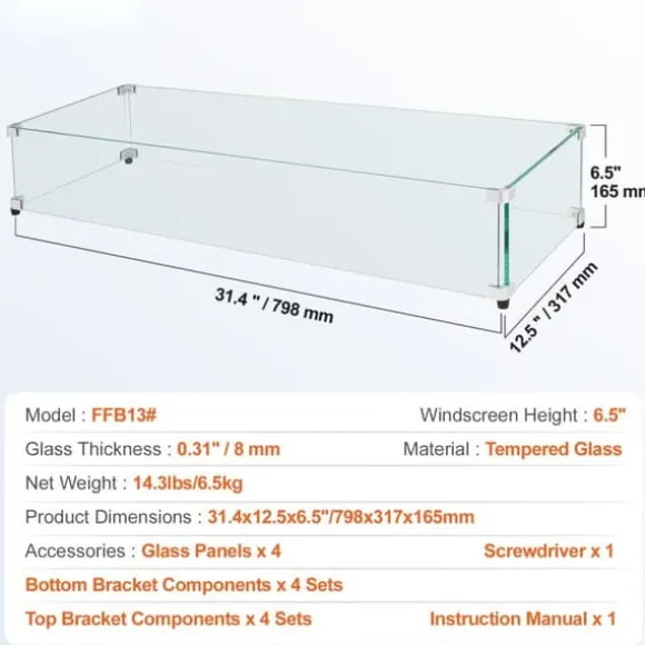 Glasvindafskærmning til bålbord 798 x 317 x 165 mm, robust hærdet glas, aluminiums hjørner, gummifødder, nem at samle.
