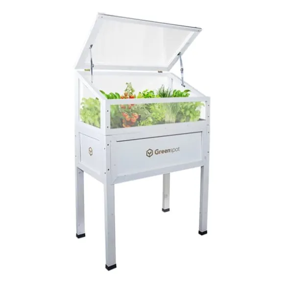 Greenspot Mini Drivhus med Overdækning til Altan og Terrasse 80x45x120 cm - Drivhus på en træplatform, Hævet træbed, Kold ramme med overdækning på høj | CDON