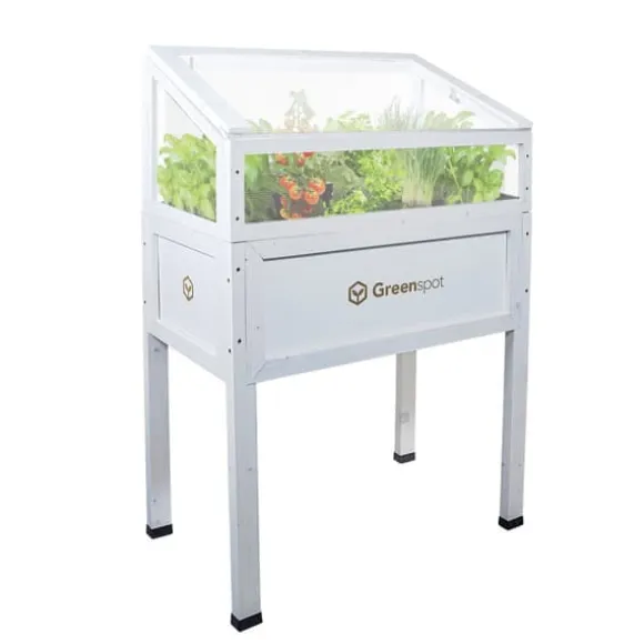 Greenspot Mini Drivhus med Overdækning til Altan og Terrasse 80x45x120 cm - Drivhus på en træplatform, Hævet træbed, Kold ramme med overdækning på høj | CDON