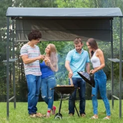 Grillpavillon 218x138x216 cm, flammehæmmende tag, 2 hylder, polyester, sort
