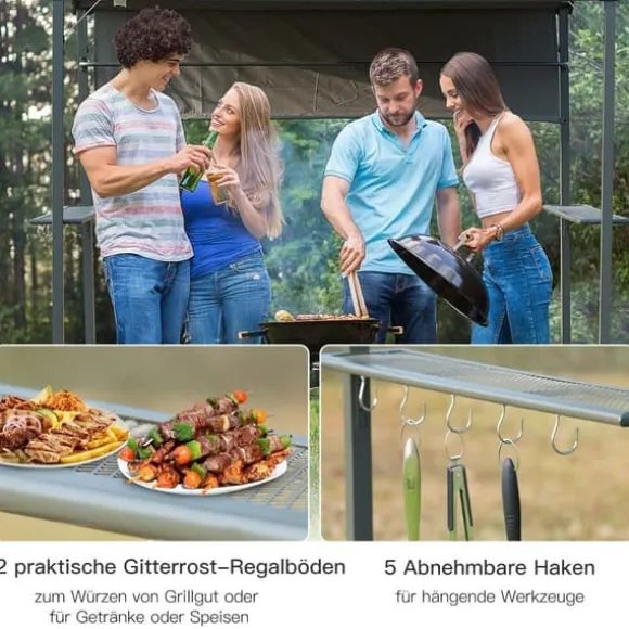 Grillpavillon 218x138x216 cm, flammehæmmende tag, 2 hylder, polyester, sort