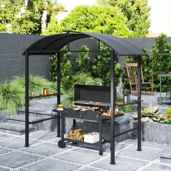 Grillpavillon 233x110x235 cm, vindtæt med dobbelt tag og hylder, UV-beskyttelse, stål, mørkegrå