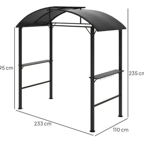 Grillpavillon 233x110x235 cm, vindtæt med dobbelt tag og hylder, UV-beskyttelse, stål, mørkegrå