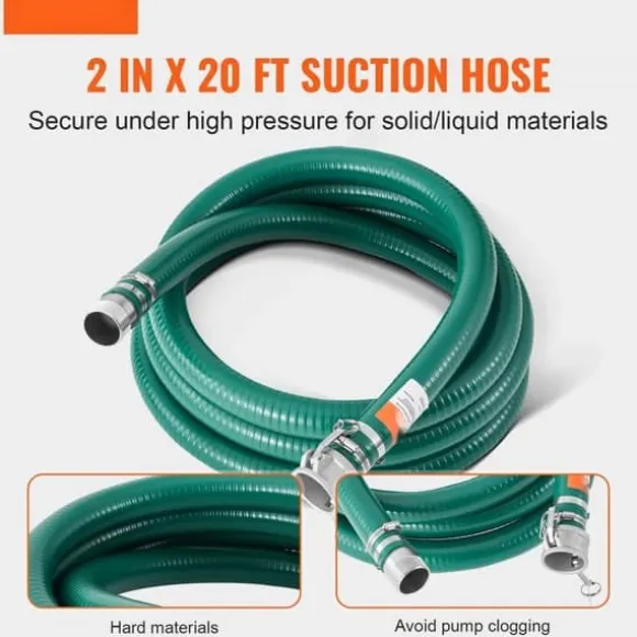 Grøn sugeslange 2 i x 20 fod, høj kvalitet, komplet fittings, holdbar og fleksibel til industrielt brug.