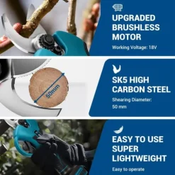 Havebeskærer - Batteridrevet beskæringssaks - 18V - 2 Batterier - Børsteløs Motor - 50 mm Skærediameter - Klinge i Højkulstofstål - EU-Stik - Rød/Sort | CDON