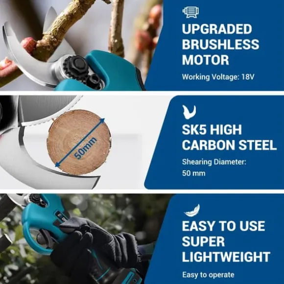 Havebeskærer - Batteridrevet beskæringssaks - 18V - 2 Batterier - Børsteløs Motor - 50 mm Skærediameter - Klinge i Højkulstofstål - EU-Stik - Rød/Sort | CDON