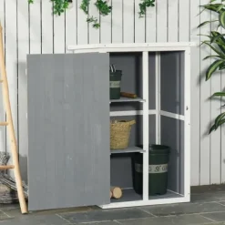 Havebod i træ 75×56×115 cm med hyldeplan, sort/grå/hvid